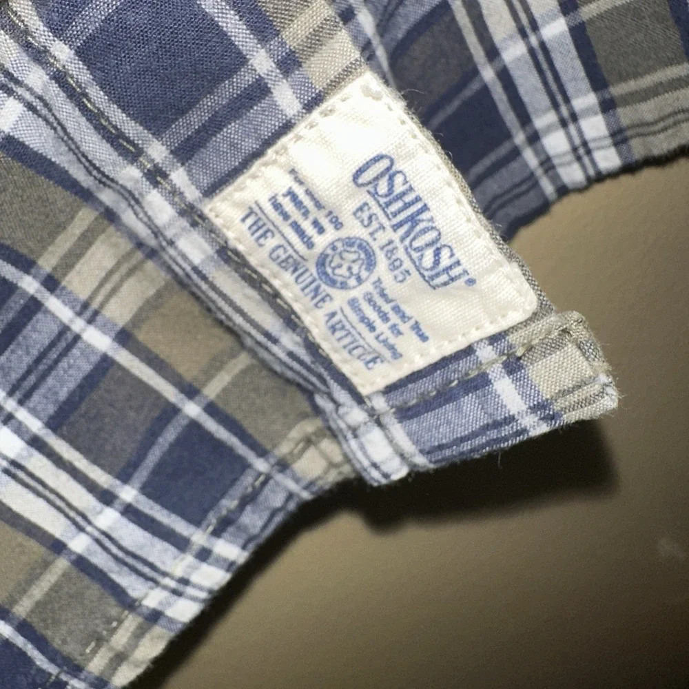 OshKosh B'Gosh Toddler Boys 4T Vtg‎ USA Blue Plaid Button Up Shirt Long Sleeve
